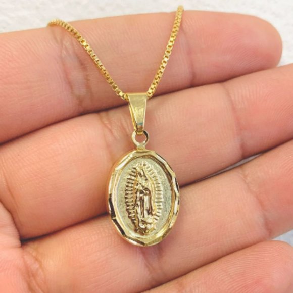 Virgen de Guadalupe Necklace Gold Filled with Box Link Chain for Womens Kids - Picture 1 of 7
